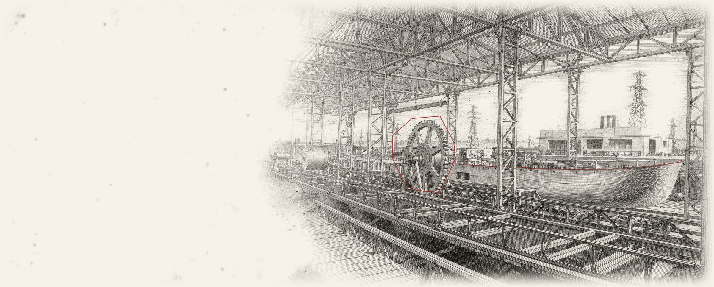 Grabado de una nave industrial con un engrane marcado en rojo